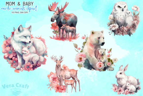 Mom & Baby Nordic Animal Clipart: Heartwarming Design Assets