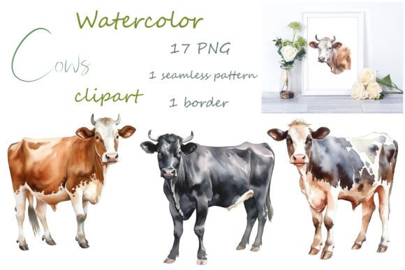 Watercolor Cow Clipart: Farm Animal PNG Art for DIY Projects